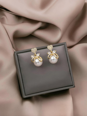 Karishma Kreations Gold Plated Heart Pearl Zircon Drop Earrings for Women Bow Dangle Earrings Alloy Drops & Danglers
