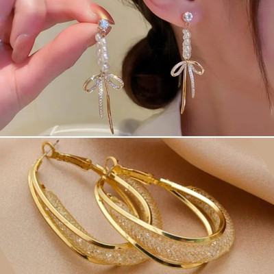 estailo fashion Crystal Ribbon Pearl Hoops Earrings Alloy Earring Set