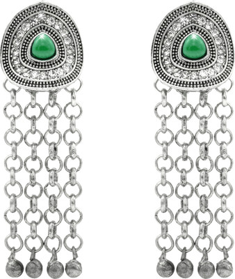 Shining Jewel Matte Dual Two Tone Plated Oxidixed Pearl & Elephant Design Drop Long Brass Drops & Danglers