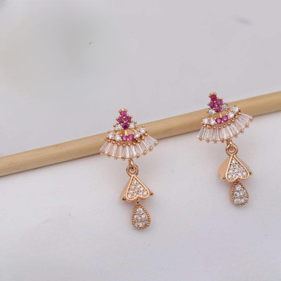 immitation Luxury Rose Gold Baguette & Pink Stone Fan Drop Earrings Metal Stud Earring
