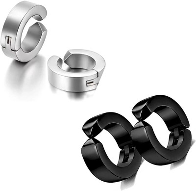 MAATRCHAAYA 2 Pair Black Silver studs Earring Bali Non Pierced Hoop ComboEarring-20 Metal Hoop Earring