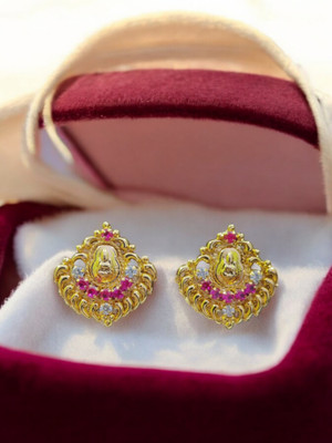 Rekha Jewellery Laxmi God Design Red, White Diamond Stud Earrings Pearl Copper Stud Earring