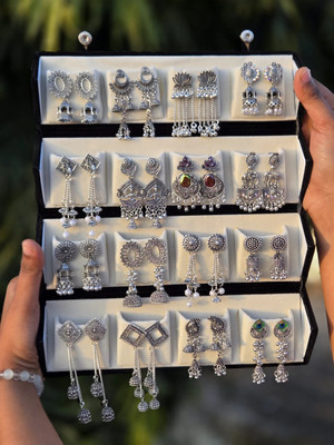 Treviyaa Viral 16 Pair Oxidised Folding Jewelery Box | WITH LOVE NOTE Alloy Jhumki Earring
