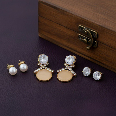 NIMITCREATION 3 Pair Stud Earrings for Women– Pearl, Crystal & Designer Round Drop Earrings Diamond Brass, Copper Earring Set