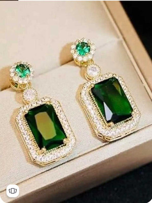 studio devishq Regal Emerald Green Rectangle Drop Earrings with Diamond Effect Border Zircon Alloy Drops & Danglers