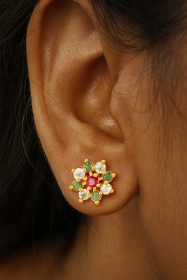 Jewelocity Designer Gold Plated Flower Earrings with Ruby Stone For Women and Girls Brass Stud Earring