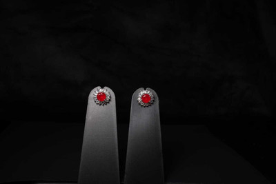 Monatii Silver Plated With American Diamond Round Shaped Ruby Red Stone Stud Earrings Brass Stud Earring