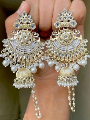 house of common White Pearl Kundan Mirror Beads White Gold Plated Drop And Danglers Ear Chain Pearl, Beads Alloy Drops & Danglers, Chandbali Earring, Jhumki Earring