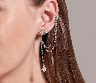 DESTINY JEWEL'S New Trendy Korean Style Rhinestone Décor Star Shaped Tassel Chain Ear Cuff Cubic Zirconia Alloy Cuff Earring