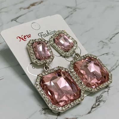 DRK Fashion Rect pink korean drops Alloy Stud Earring, Drops & Danglers, Earring Set, Rhinestone Studs