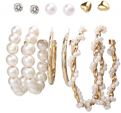 Vembley Exclusive Designs Combo of 6 Pairs Crystal Pearl Gold Plated Stud Hoop Pearl Alloy Hoop Earring