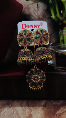 MHASAH Celestial Gold & Maroon Jhumka Earring With Maang Tika Crystal, Pearl Alloy Jhumki Earring, Earring Set