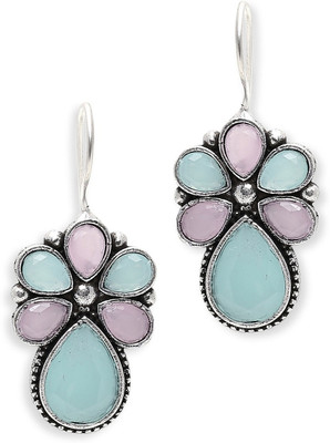 Opus Gems Pink & Mint Green Silver Oxidised Ethnic Drop Earrings Beads, Crystal Alloy Drops & Danglers
