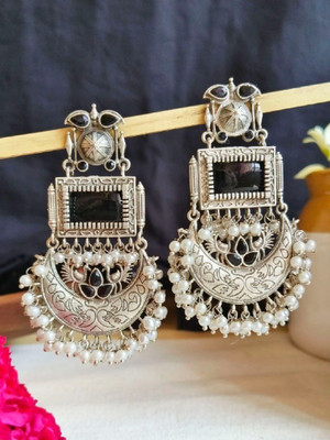 DANGAR ENTERPRISE Traditional Oxidised Silver Jhumka Earrings with Pearl Drops Floral Design Alloy Drops & Danglers