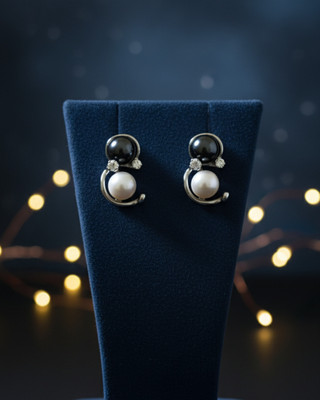 Hurera Elegant Black & White Pearl Stud Earrings with Silver-Tone Finish Pearl, Cubic Zirconia Stainless Steel Stud Earring