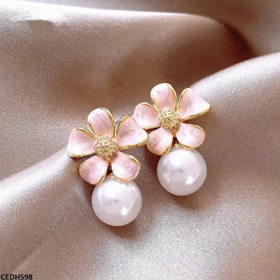 Stily Pink Flower White Pearl Earrings Alloy Stud Earring