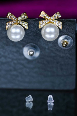 QUICKCLICK Women's and Girls Elegant Big Bow Pearl Crystal & Zircon Shine Stainless Steel Stud Earring