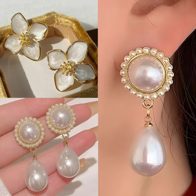 BLINGEE Korean Earrings Combo For Women Girls Flower Pearl Earrings Stylish Trending Pearl Alloy Earring Set, Drops & Danglers, Stud Earring