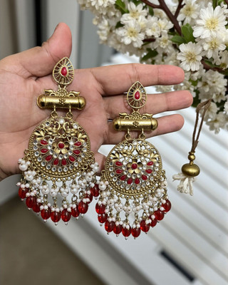 SAZOYA red Traditional Polki Kundan Pearl Drop Chandbali Earrings Alloy Chandbali Earring