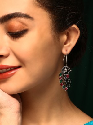 Priyaasi Ruby Green Peacock Design Silver Plating Oxidized Earrings Brass Drops & Danglers