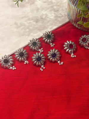 Niska Niska Set Of 4 Silver-Plated Oxidised Artificial Beaded Floral Shaped Studs Brass Drops & Danglers