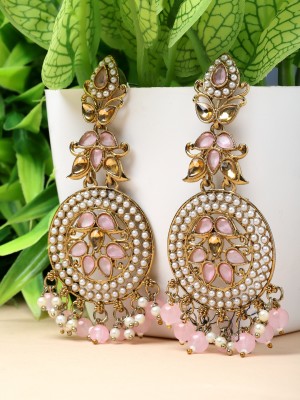 ZENEME Pink Kundan & White Pearls studded Antique Classic Drop Earrings Pearl Metal Drops & Danglers