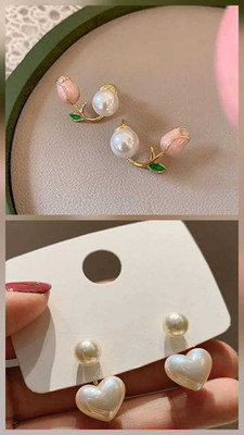 Tridevis Combo of Gold Plated Pink Flower Pearl Earrings & White Heart Stud Earrings Pearl Alloy Earring Set