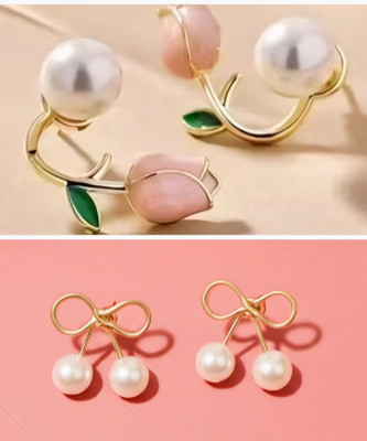 Sabita fashion Pack of 2 Trendy western korean tulip pearl and bow stud earring 4women/girl Alloy Stud Earring