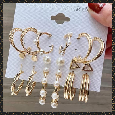 Nehdal Combo of 9 Pair Gold Plated Triangle Pearl Stud And Twisted Hoop Earrings Pearl Alloy Hoop Earring, Stud Earring