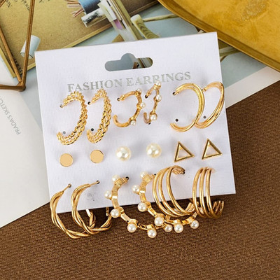 TVI Combo of 9 Pair Gold Plated Triangle Pearl Stud / Twisted Hoop Earring For Women Pearl Alloy Hoop Earring
