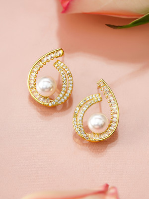 RUBANS 18K Gold-Plated Pearl & Cubic Zirconia Studded Swirl Design Stud Earrings Brass Stud Earring