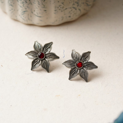 Sanseeta Juhi- Silver Brass Stone Studded Stud Earrings(Ruby) Zircon Brass Stud Earring