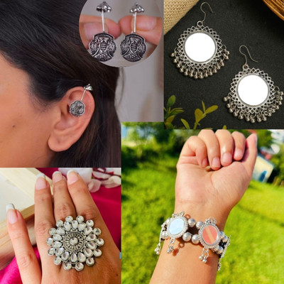 ISLANA Combo 4 Earrings and Openable Brecelet and Ring Alloy Cuff Earring