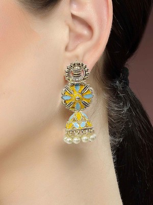 Karatcart Gold Plated Floral Design Yellow and Light Blue Meena Jhumki Earrings for Women Alloy Jhumki Earring