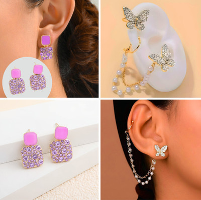 kurm shop Square Rhinestone Drop Earrings & Butterfly Korean Stud Earrings Combo Cubic Zirconia Alloy, Brass Earring Set, Drops & Danglers, Stud Earring