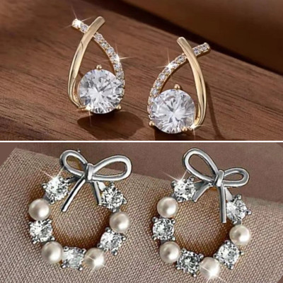 estailo fashion Crystal Cross Pearl Bow Earrings Alloy Earring Set
