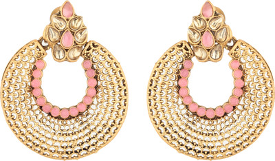 Arti creations Gold Plated Golden Kundan Studded Meenakari Touch Beads Drop Chandbali Earrings Cubic Zirconia Brass, Alloy Chandbali Earring