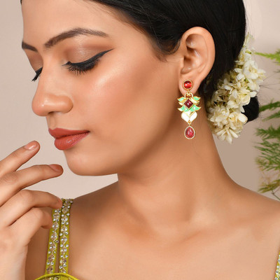 Voylla Forever More Pink Green Lotus Drop Earrings Brass Drops & Danglers