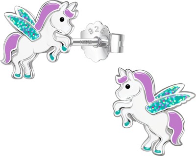 HighSpark 925 Silver Cute Enamel Stud Earrings - Green Wings Unicorn Sterling Silver Stud Earring