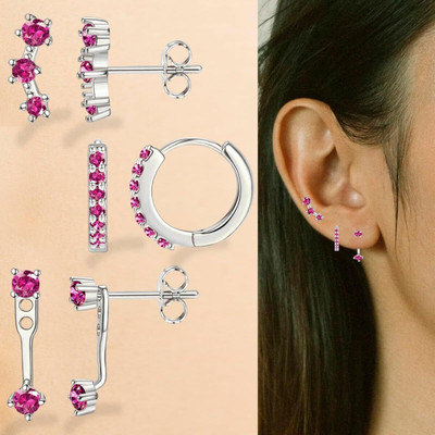 THANU'S CRAFT 3 Pair 18K Silver Plated CZ Ruby Pink Ston Earrings Crystal Alloy Stud Earring