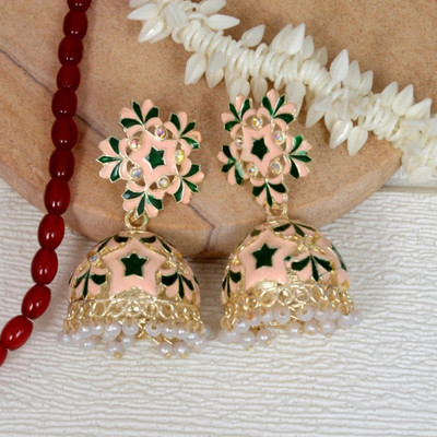 RatnaRaga Stunning Green & Beige Meenakari Big Jhumka Earrings with Diamond & Bead Details Beads, Diamond, Pearl Alloy Jhumki Earring, Drops & Danglers, Tunnel Earring, Tassel Earring