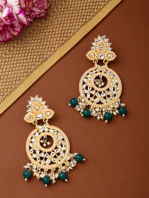 YELLOW CHIMES Kundans Chandbali | Gold Plated Green Beads Drop Chand Baliyan Earrings Crystal Metal Drops & Danglers
