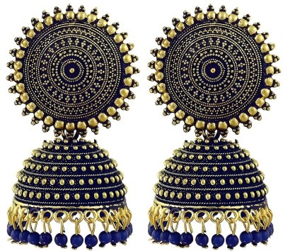 JMBW INTERNATIONAL Floral Golden Royal Blue Jhumkas Beads Alloy Jhumki Earring