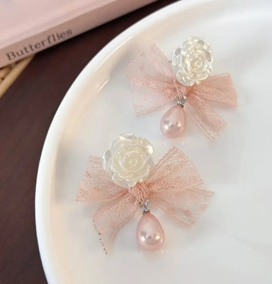 AKISON JEWELS Pearls Bow Tie Flower Earrings For Women Floral Earrings Korean Earrings Pearl Alloy Earring Set, Drops & Danglers