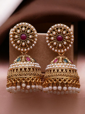 Meira Jewellery Traditonal Ethnic Studded Gold Platted Big Oxxidize For Girl Pearl Alloy Jhumki Earring