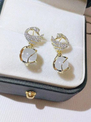 Mellisea Korean Glorious Pearl Gold Plated style Peacock and white moti Earring for Women Cubic Zirconia, Diamond, Opal Alloy Drops & Danglers
