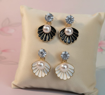 MD CREATIONS HUB Trandy Shell & Pearl Drop Earrings for Women & Girls (Black & White, Set of 2) Beads, Cubic Zirconia Alloy, Brass Drops & Danglers