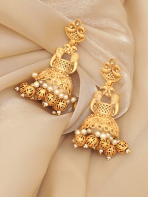 RUBANS Peacock Gold Jhumka with Matte Finish and Golden Beads Hanging Brass Jhumki Earring