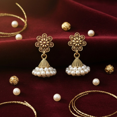 SHINEPRO Flower Top White Jhumka Alloy Drops & Danglers Beads Alloy Drops & Danglers, Jhumki Earring