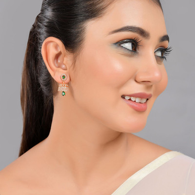 Voylla Sparkling Elegance Green And White Zirconia Jhumka Earrings Brass Hoop Earring